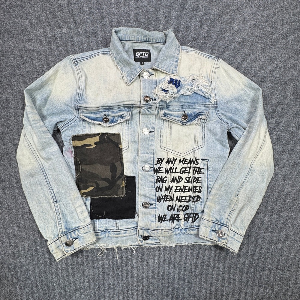 GFTD Los Angeles Denim Jacket Mens S Blue Distressed Skull Snake Streetwear